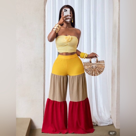 Palazzo/Wide Leg Pants Red, Yellow, and Tan. Zipper. Material does stretch. - Picture 3 of 4
